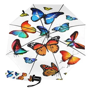 Paraguas de viaje compacto de mariposa colorida para sol y lluvia, mini paraguas plegable de cierre automático a prueba de viento para mujeres